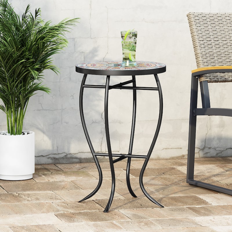 Roomfitters Round Mosaic Bistro Table, Outdoor Patio Side Table with Artistic Metal Base, Multicolor