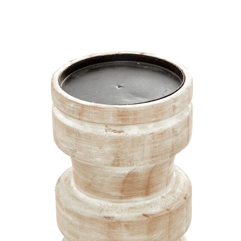 Brown Wood Pillar Decorative Candle Holder with White Wash Finish (Set of 3) - 4 x 4 x 14