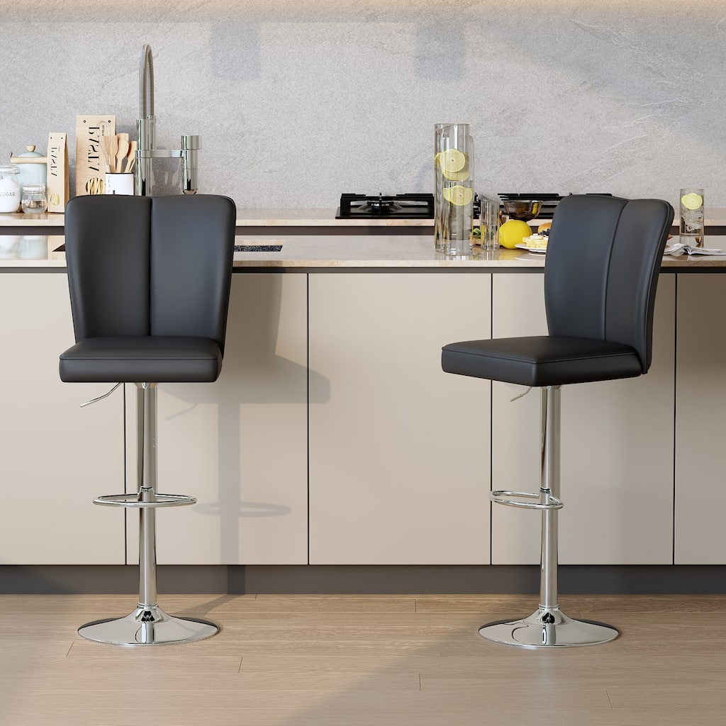 Modern 2-Piece PU Bar Stool Set — Smooth-Lined Backrest & Silver Trumpet Legs for Bar, Living Room, Lounge