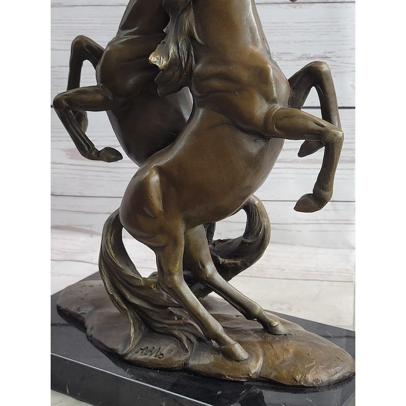 Two Rearing Stallions Horses Bronze Sculpture Statue Horse Lover Decor Signed Art On Marble Base