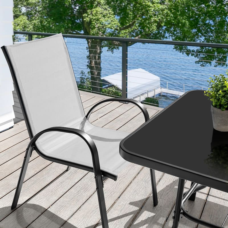 5-Piece Outdoor Dining Set, Textilene Stackable Chairs ang Square Table with Umbrella Hole