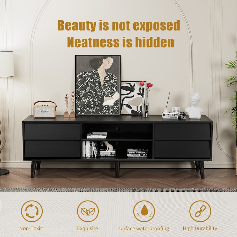 Black 63" TV Stand with Drawers and Solid Wood Legs, Vintage-Style Media Console for Living Room