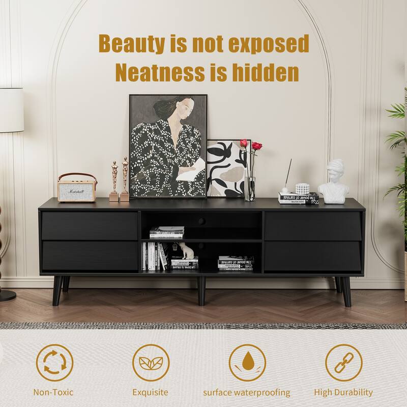 Black 63-Inch TV Stand with Storage Drawers & Shelves - Vintage Design, Solid Wood Legs