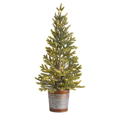 26in. Pine Look Artificial Christmas Tree with 35 Warm White Lights in Rustic Metal Planter - Petite X-Mas Accent Décor