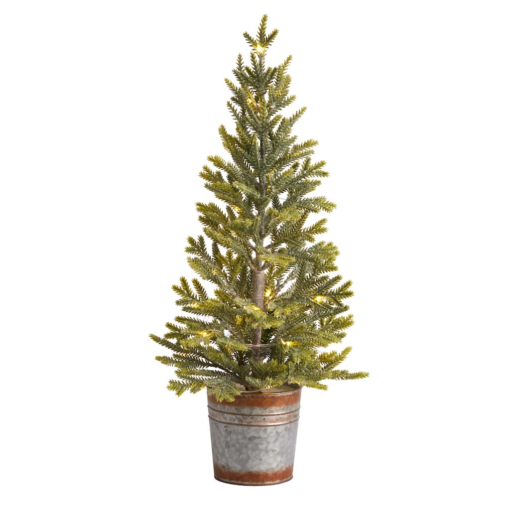 26in Christmas Tree with Lights - Small Prelit Holiday Tree in Metal Planter - Festive Home Decor - Green - 26