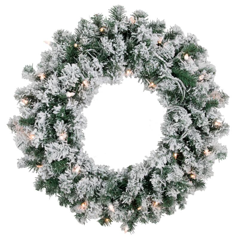 Flocked Snow White Artificial Christmas Wreath, 24-Inch, Clear Lights