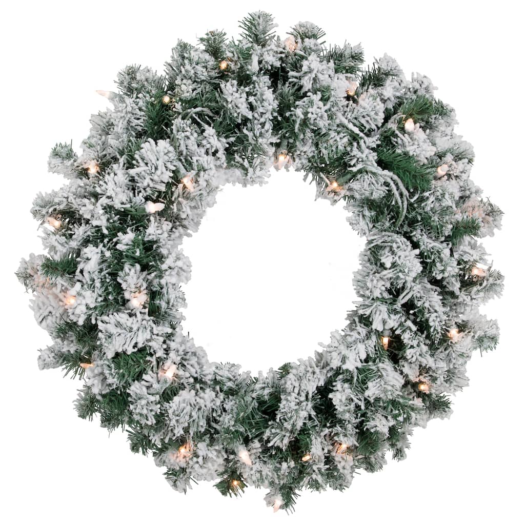 Flocked Snow White Artificial Christmas Wreath, 24-Inch, Clear Lights