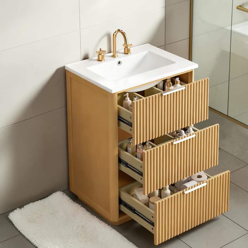24 Inch Bathroom Vanity with Ceramic Sink, Modern Storage Cabinet with 3 Drawers and Open Shelf