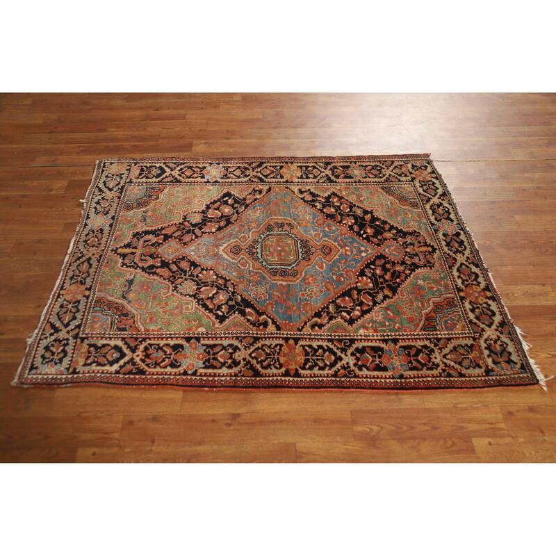Hand Knotted Oriental 100% Wool Carpet Traditional Medallion Navy Blue & Blues Sarouk Area Rug - 4' 7'' X 3' 6''