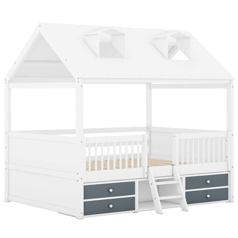 White Full Size Wood House Bed with Fence & Roof