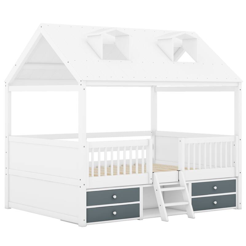 Wood House Bed with Fence & Roof