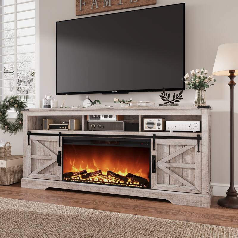 Fireplace TV Stand,Farmhouse Entertainment Center w/Sliding Barn Door