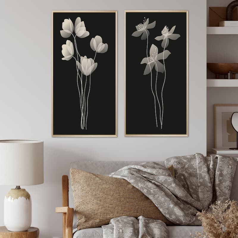 Designart "Monochrome Minimalist Organic Plant Structures I" Floral Framed Art Set of 2 Pieces