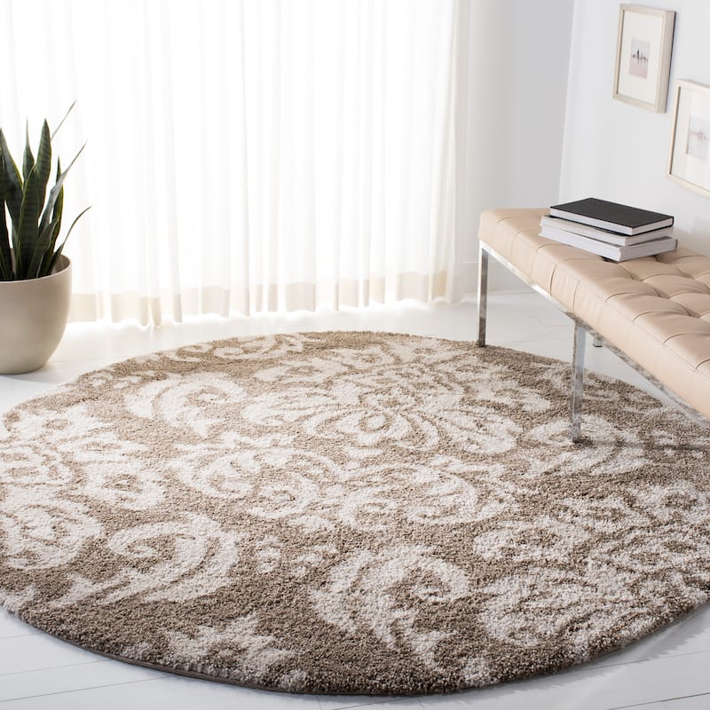 SAFAVIEH Florida Shag Aurkene Floral Damask 1.2-inch Thick Rug - 6'7" Round - Beige/Cream