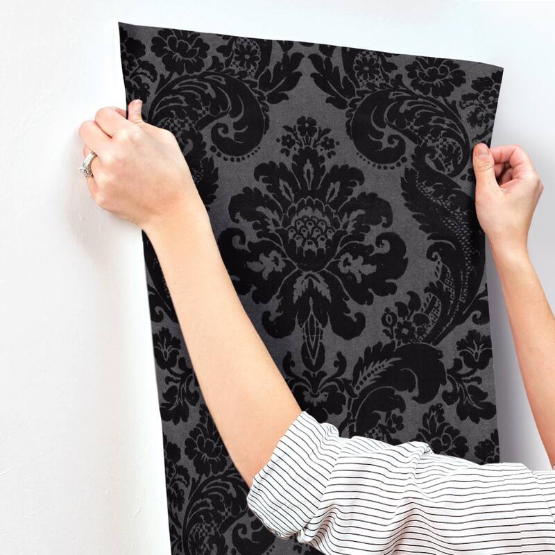 A-Street Prints Shadow Black Flocked Damask Wallpaper
