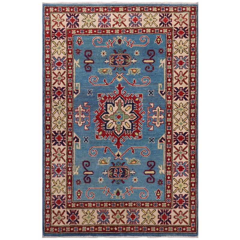 Tribal Kazak Valerie Light Blue/Beige Wool Rug - 3'3'' x 4'9''