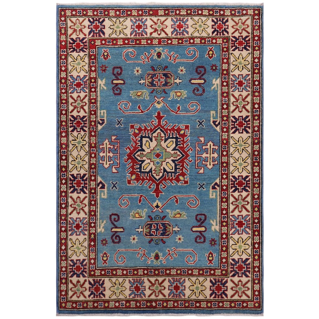 Tribal Kazak Valerie Light Blue/Beige Wool Rug - 3'3'' x 4'9''
