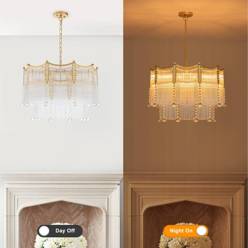 Gold Chandelier Clear Glass Rods & Hanging Crystal Balls Accents