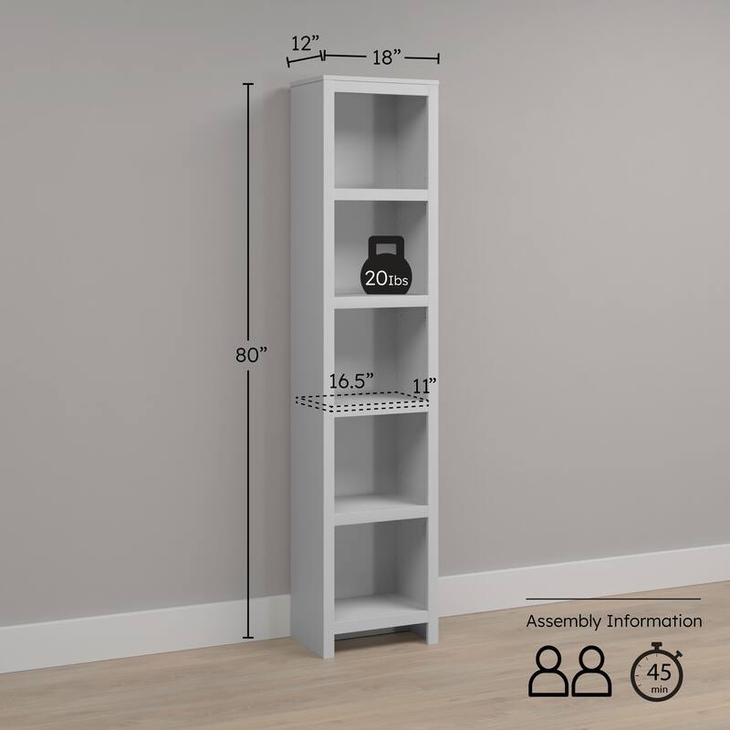 Prepac Moda 80" H 5-Tier Narrow Bookcase, Modern Storage Accent Bookshelf with 3 Adjustable Shelves for Home Office, Living Room