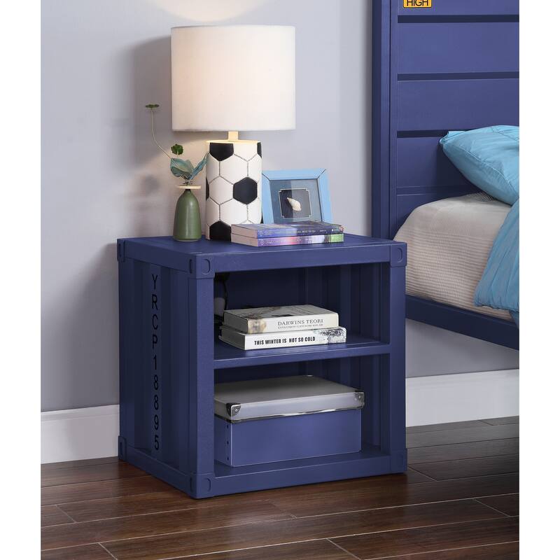 Blue Finish Nightstand with USB Ports and Open Compartments - Blue