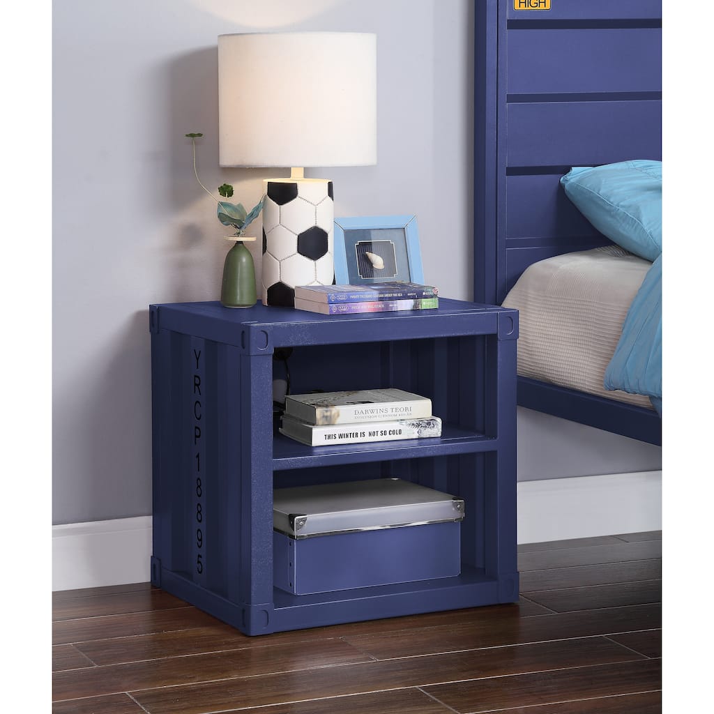 Blue Finish Nightstand with USB Ports and Open Compartments