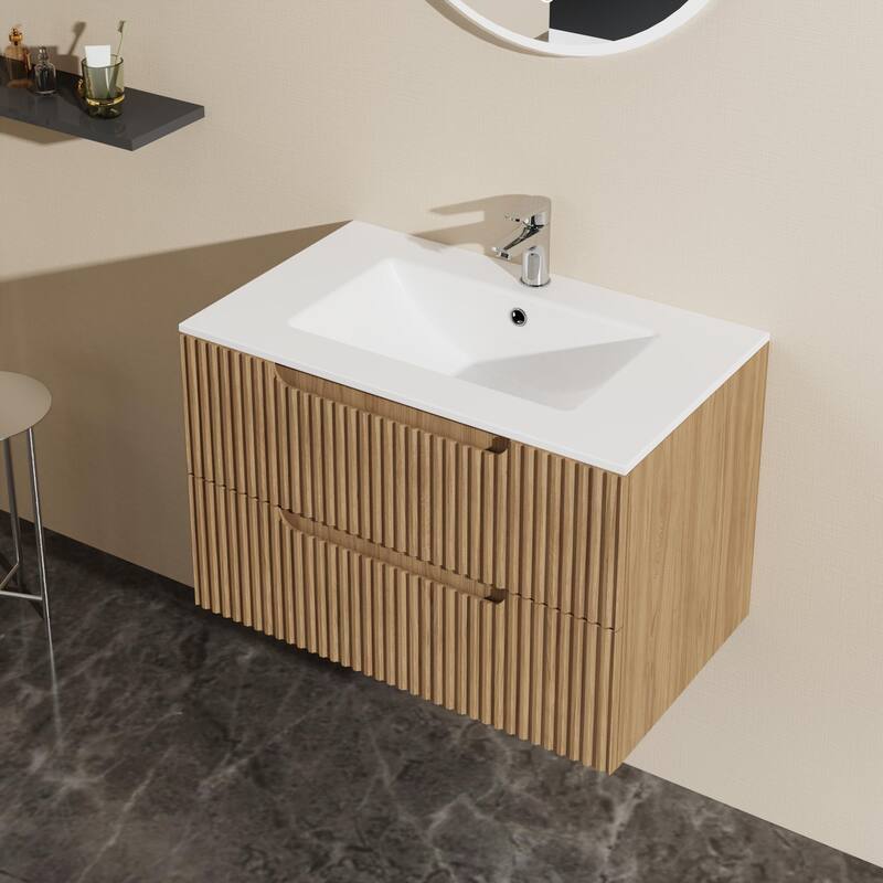GDFStudio - Lucas Modern Floating Bathroom Vanity with Ceramic Sink and Dual Soft-Close Storage Drawers