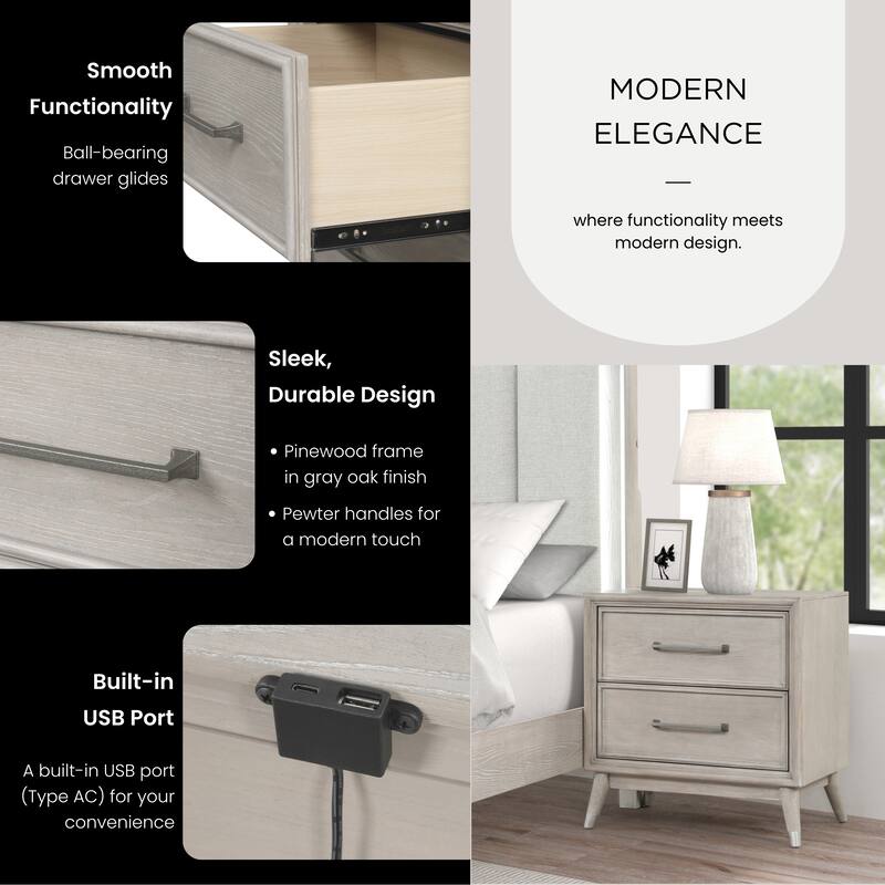 Roundhill Furniture Seluna 2-Drawer Bedroom Nightstand with built-in USB port, Gray Oak Finish