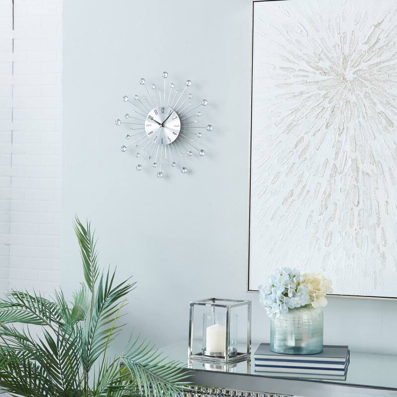 Gold / Copper / or Silver Iron Metal Starburst Sun Glam Wall Clock - Silver - 15" D
