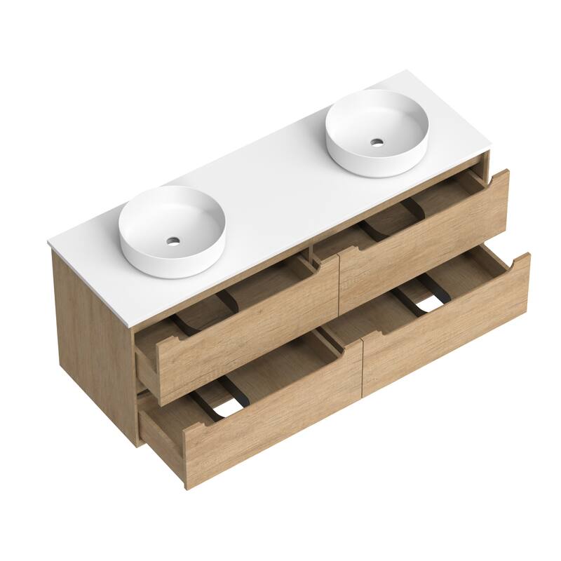 60" Solid Wood Bathroom Vanity with White Quartz Countertop Ceramic Vessel Sink