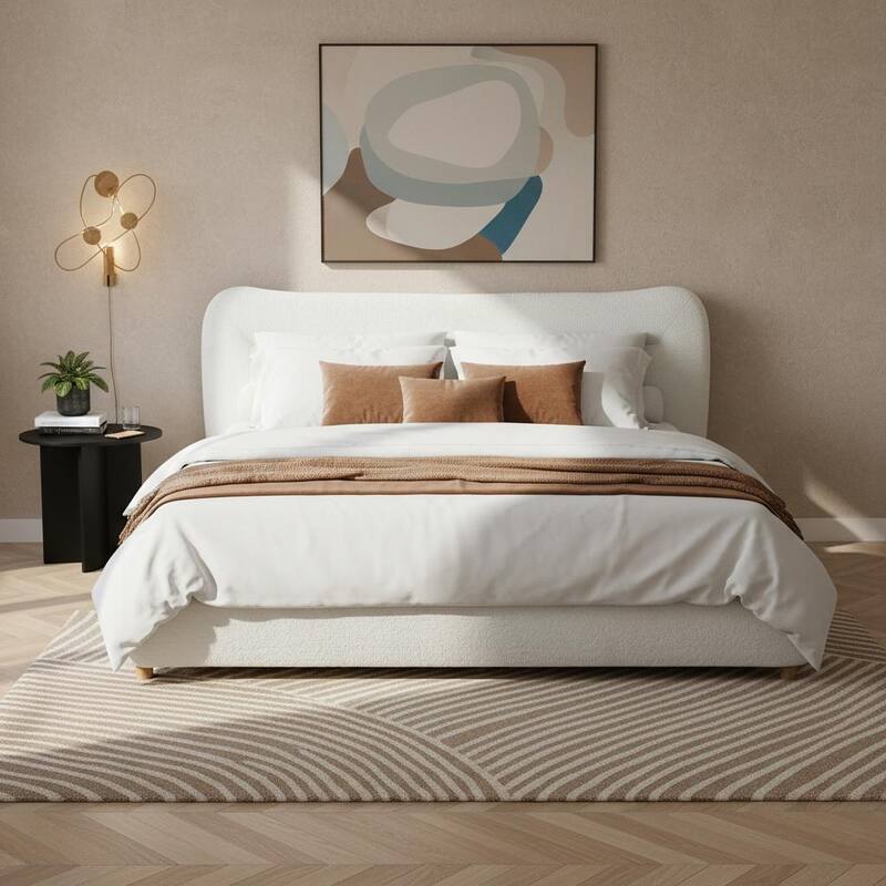 Christopher Knight Home-Upholstered Bed Frame with Curved Headboard - Cream - King