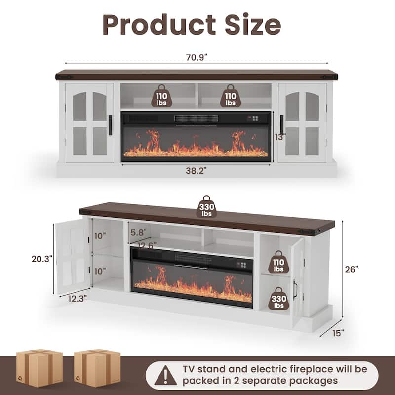 Meyreso 70.8" Vintage Fireplace TV Stand with 36" Electric Insert, Arched Glass Doors & LED Lighting