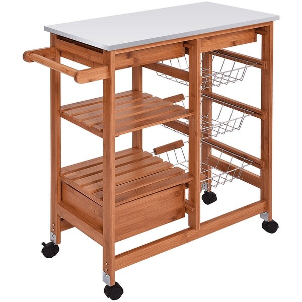 Bamboo Rolling Kitchen Island Trolley Cart Storage Shelf Drawers Basket Dining Kitchen Islands Carts