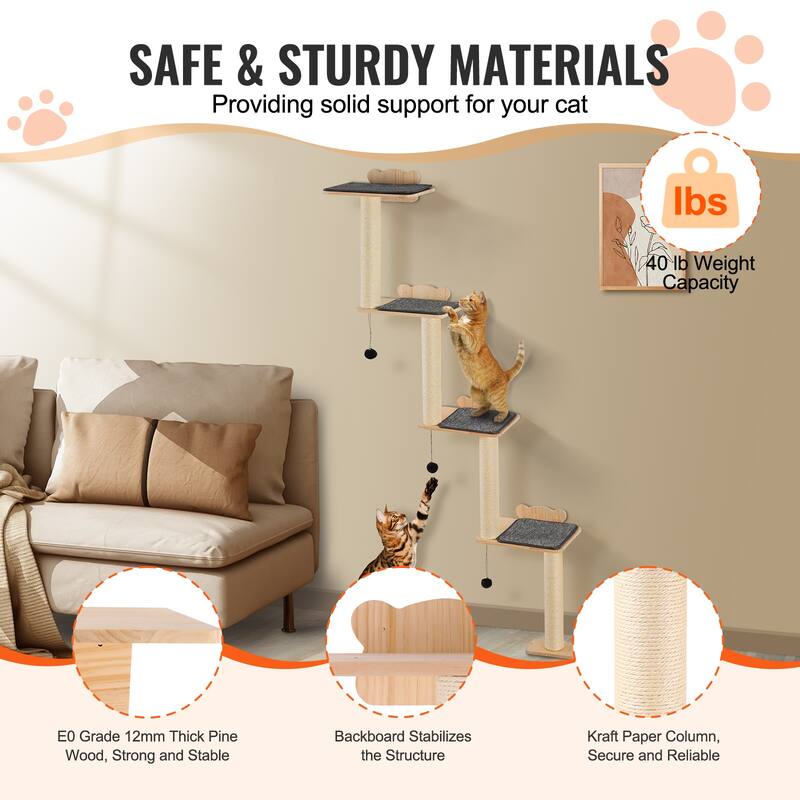 4 Tiers Tall Cat Tree Wood Cat Perch for Sleeping Playing and Climbing