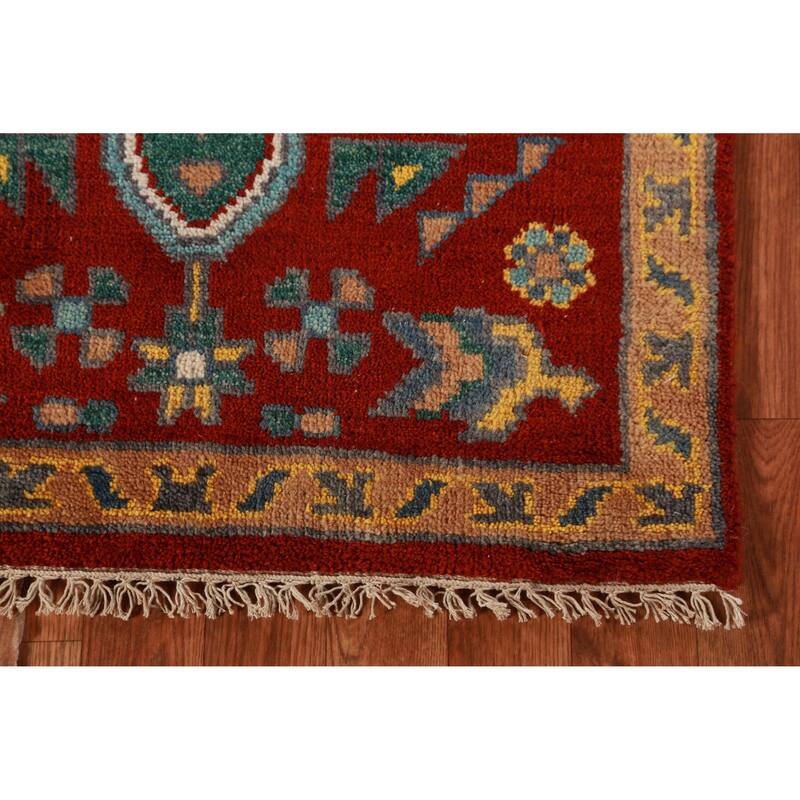 Red Geometric Khotan Indian Runner Rug Hand-Knotted Wool Carpet - 2'7"x 7'8"