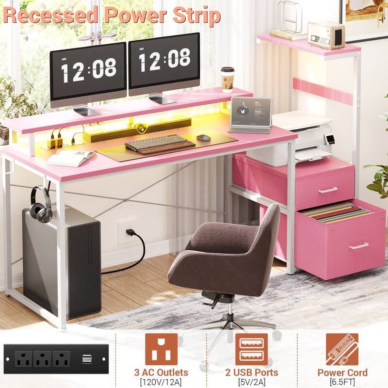 60'' Reversible Gaming Desk with Monitor Stand & Fabric Drawers，Home Office Computer Desk with RGB LED Strip & Power Outlets