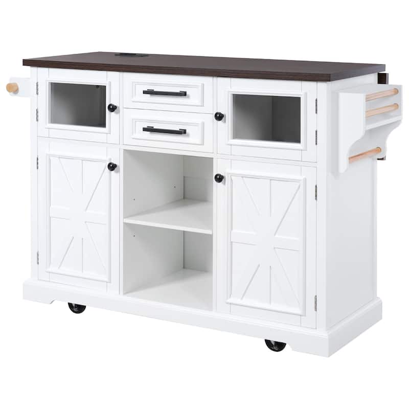 54.9"Kitchen Island with Drop Leaf, 4 Door Shelves, Cross Barn Doors & Visual Glass Door, Rolling Kitchen Island on 4 Wheels