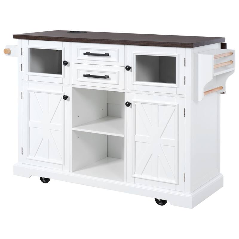 Cross Barn Door Kitchen Island, Rolling Wheels Pantry Storage Cart with Drop Leaf, Power Outlet and Glass Door for Dining Room