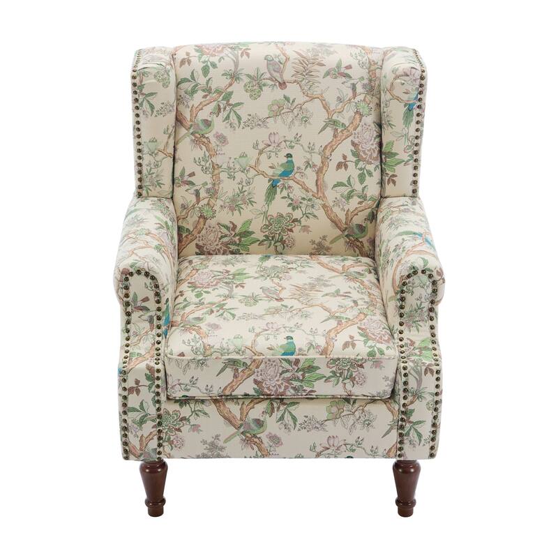 2 Set Transitional Patterned Wingback Accent Chairs with NailHead