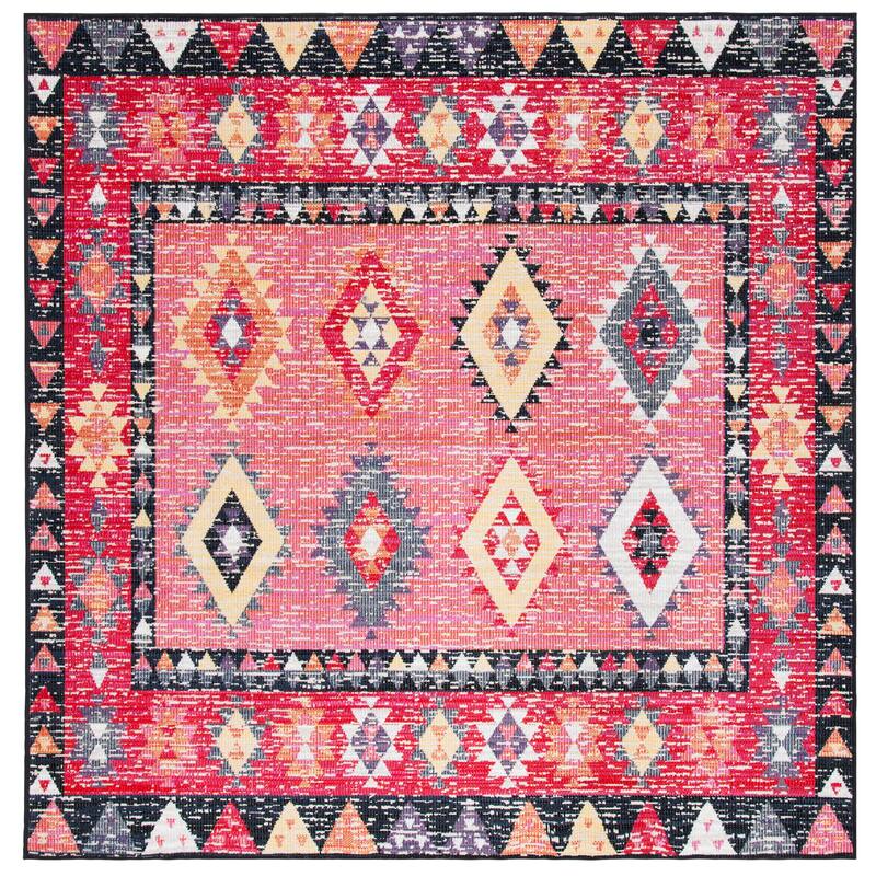SAFAVIEH Montage Tiia Indoor/ Outdoor Waterproof Patio Backyard Rug - 6'7" Square - Pink/Black