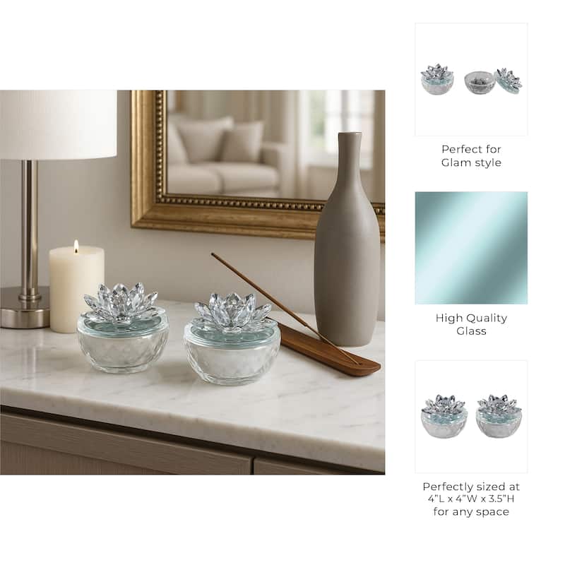 Decorative Round Glass Box with Lotus Top - Set of 2, 4"