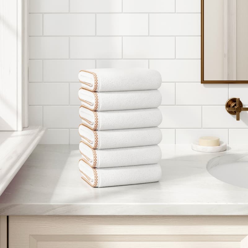 Linery & Co. Quick-Dry Cotton and Decorative Border Towel Set - White / Clay - Hand Towel (Pack of 6)