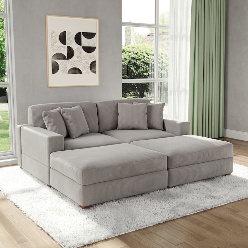Modular Corduroy Sectional Sofa Set Chaise Couch with Ottoman - Light Grey-4 Piece/2