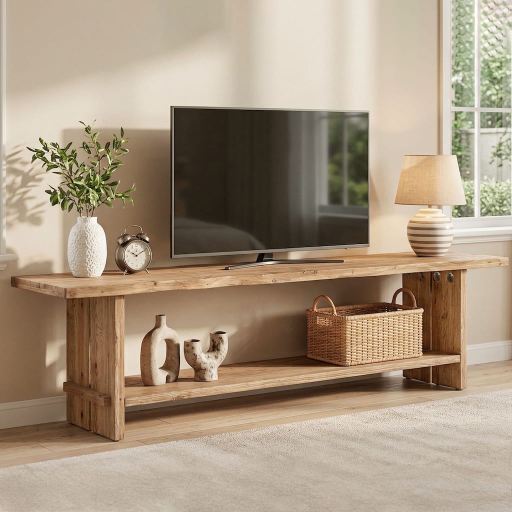 71" Solid Wood TV Stand, Farmhouse Entertainment Center with Storage Shelf