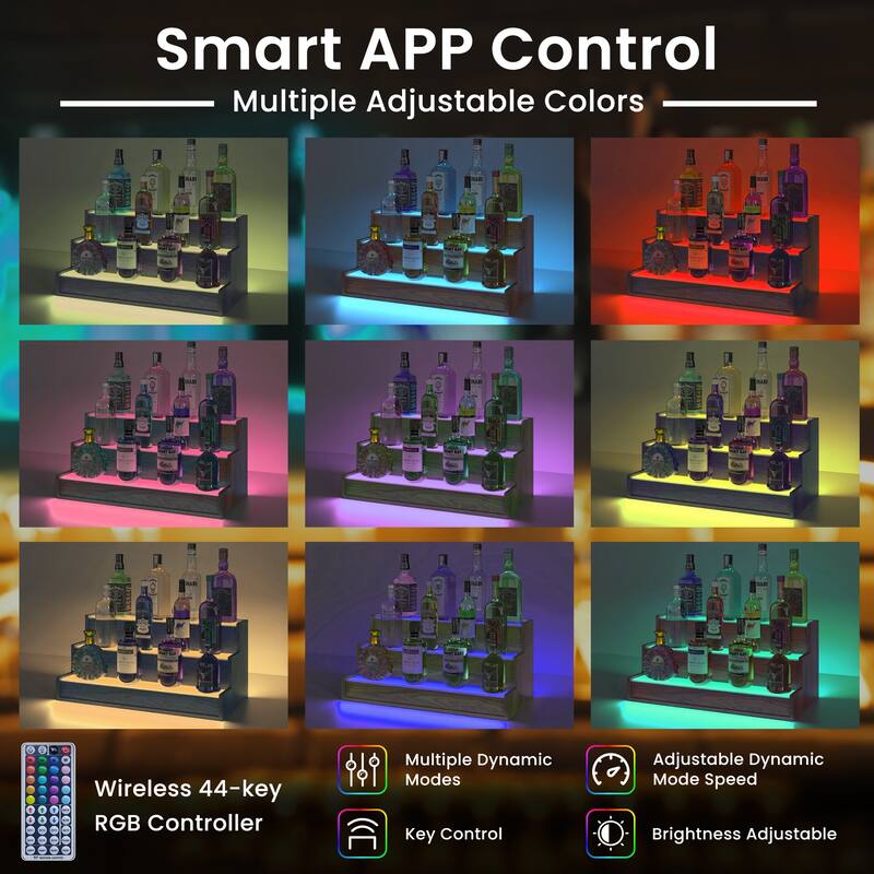 EROMMY LED Lighted Wine & Liquor Display Shelf with Remote, 3-Tier Tabletop Bar Rack, USB Powered