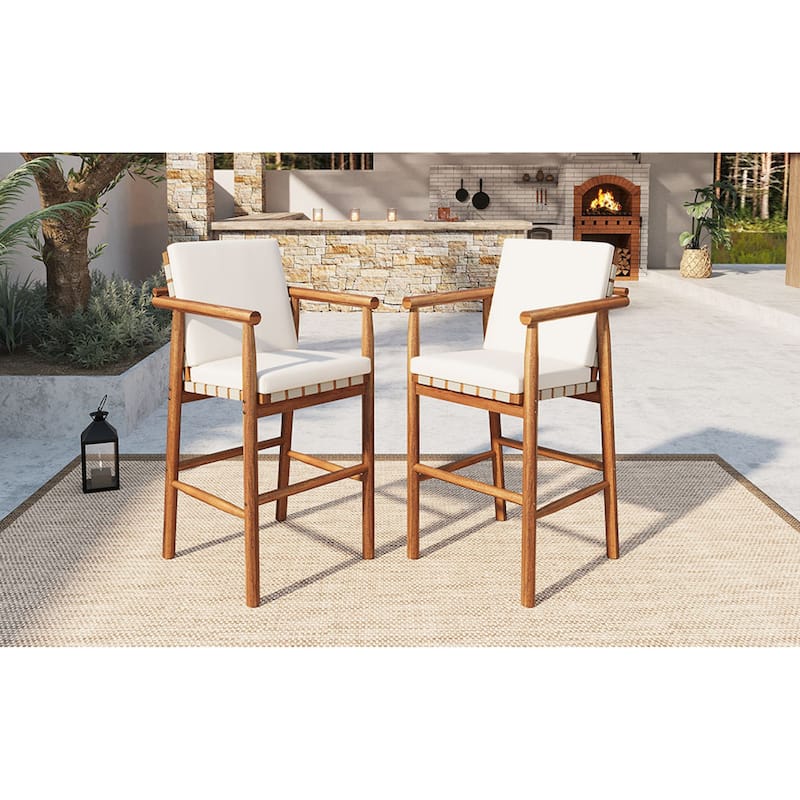Roomfitters Set of 2 Outdoor Bar Stools with Beige Cushions, Natural Wood High Chairs for Patio Balcony Kitchen, Natural