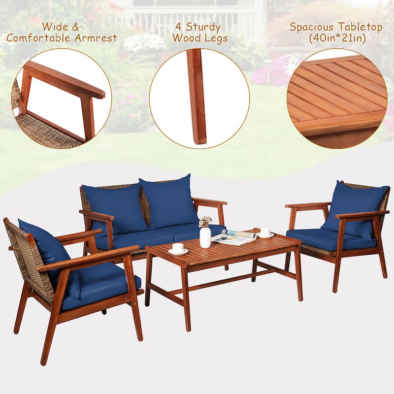 Costway 4PCS Patio Rattan Furniture Set Acacia Wood Frame Cushioned - See details