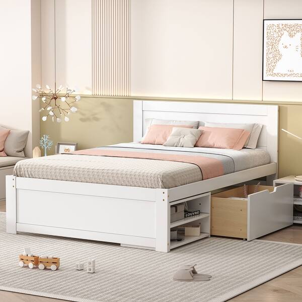 slide 2 of 14, Full Size Platform Bed with Storage Drawer and Two Shelves, No Box Spring Needed, Sturdy MDF Construction Pink