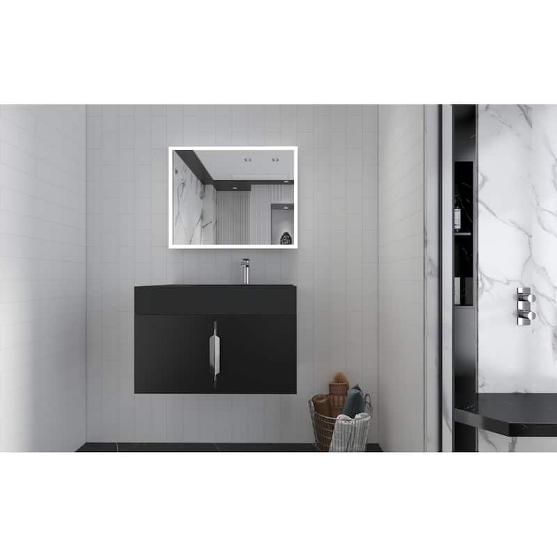 Amazon 30" Wall Mounted Bathroom Right Basin Vanity Set w/ Black Top