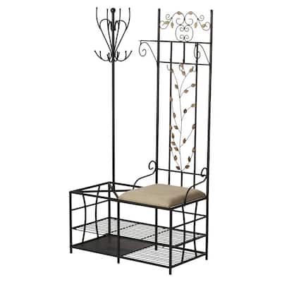 Black Metal Hall Tree Coat Rack with Storage Bench, 12 Hooks and Shelves - 36.25'' W X 18'' D x 71.25'' H