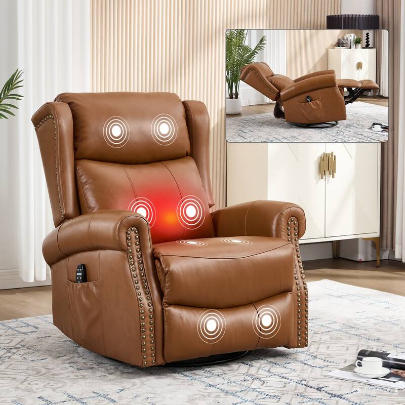 Genuine Leather Swivel Recliner Chair, Sofa Chair with Side Pockets, Manual Recliner Chair with Heat & Massage
